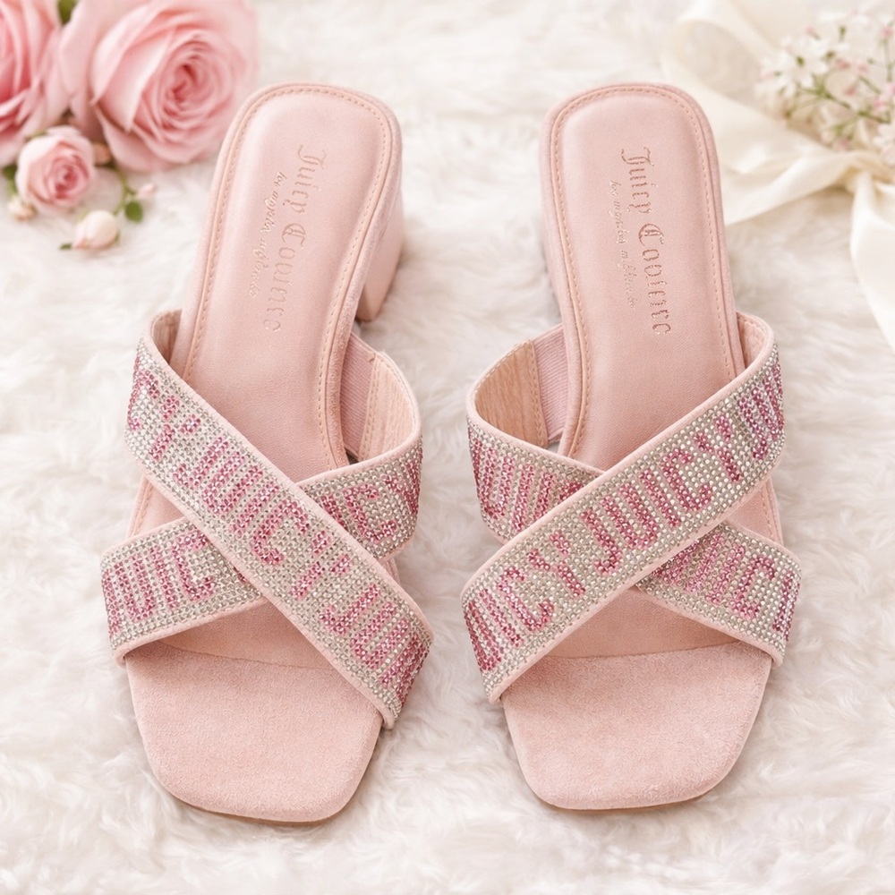 Juicy Couture Zarie Pink Rhinestone Logo Slide Sandals Size 7.5 Block Heel Bling